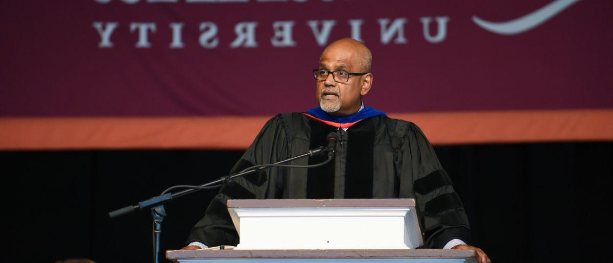 This photo shows Dave Ramsaran speaking at Opening Convocation