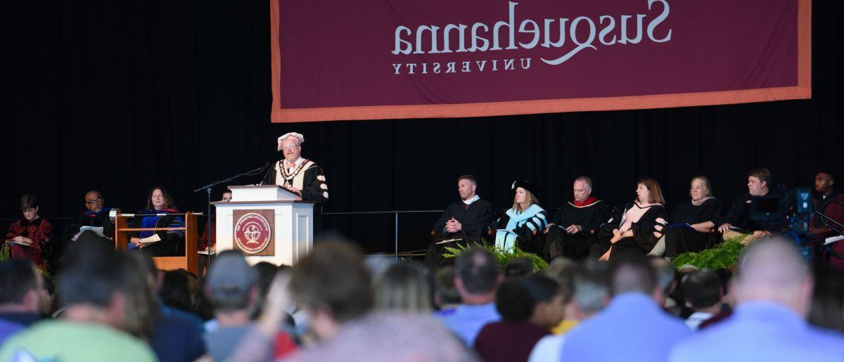 This photo shows President Green speaking at Opening Convocation