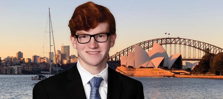 Connor McCormick '25 with the Sydney Opera House and Sydney Bridge in the background.